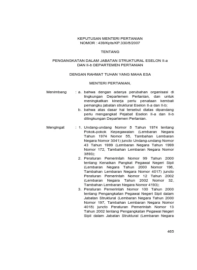 KEPUTUSAN MENTERI PERTANIAN NOMOR : 439/Kpts/KP.330/8/2007 TENTANG ...