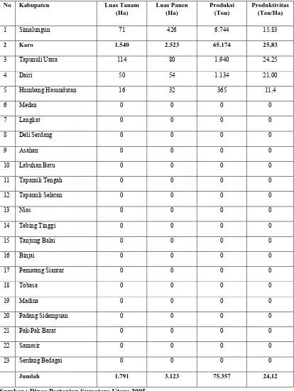 Tabel 1. Luas Tanam, Panen, Produksi dan Produktivitas Wortel Per Kabupaten/Kota      di Provinsi Sumatera Utara Tahun 2005  
