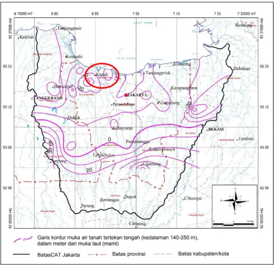 Gambar 4.6 Peta Muka Air Tanah Akuifer &gt; 140 m  (Sumber : Badan Geologi dan Tata Lingkungan, 2012) 