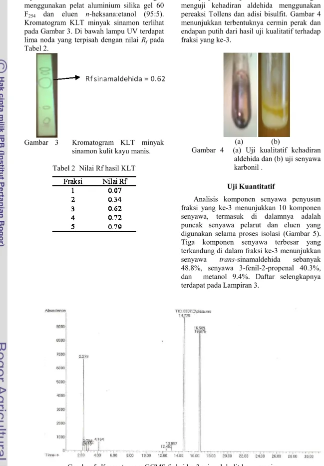 Gambar  3    Kromatogram  KLT  minyak  sinamon kulit kayu manis.  