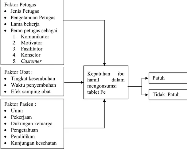 Gambar  2.1.  Landasan Teori Faktor yang mempengaruhi kepatuhan  Konsumsi Tablet Fe (Sumber : Muninjaya, 2004; Herawati,  2007; Anonim, 2002; Anonim, 2008)