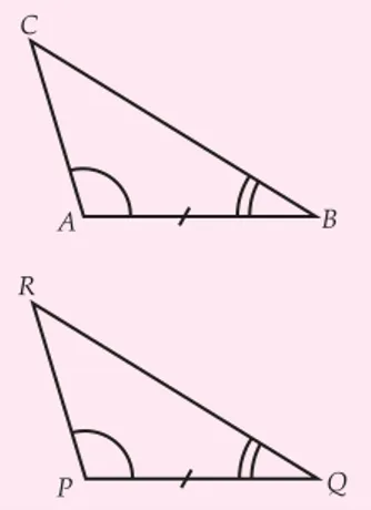 Gambar 1.6  )ABC dan )PQR, satu sisi sama panjang dan dua sudut bersesuaian yang terletak pada sisi itu sama besar.