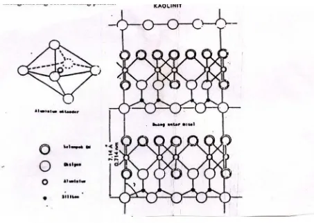Gambar 2.3. Struktur kaolinit terdiri dari lembar-lembar silika tetrahedral dan aluminium oktahedral (Tan, 1982) 