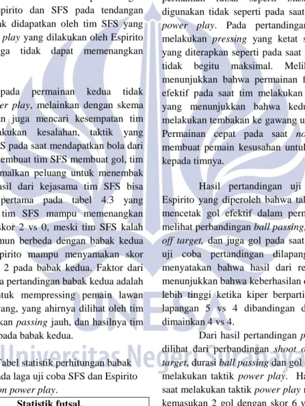 Tabel 4.9 Tabel statistik perhitungan babak  pertama dan kedua pada laga uji coba SFS dan Espirito 