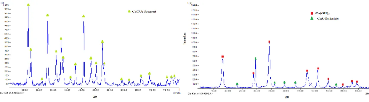 Gambar 1 Difraktogram sinar-X sampel cangkang keong sawah (a) sebelum kalsinasi (b)                  setelah kalsinasi 1000 ºC dan didiamkan selama 1 minggu pada suhu kamar