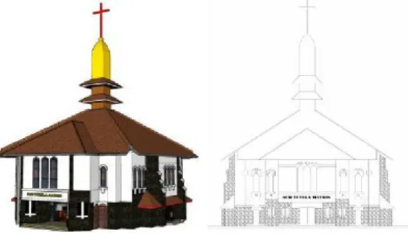 Gambar 2. Animasi 3D dan Tampak Depan  GerejaKatedral Semarang 