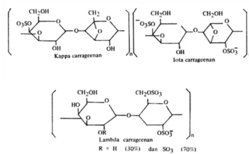 Gambar 2.  Struktur molekul berbagai jenis karagenan (Chaplin 2007)  Karagenan  memiliki  kemampuan  yang  unik  untuk  membentuk  variasi  gel  yang  hampir  tidak  terbatas  pada  suhu  ruang