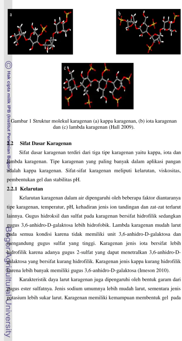 Gambar 1 Struktur molekul karagenan (a) kappa karagenan, (b) iota karagenan  dan (c) lambda karagenan (Hall 2009)