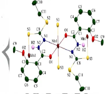 Gambar 8. Struktur kompleks oktahedral Mn(II) dengan  [N’-(2-methoxybenzoyl)  hydrazinecarbodithioate]ethyl ester (Singh et