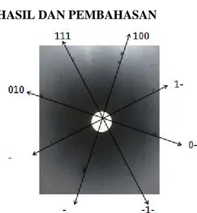 Gambar 5.  Hasil  simulasi perhitungan pola back  reflection Laue pada bidang ab, atau (0 0 1),  dimana jarak sampel dan film adalah 30 mm  [7] 