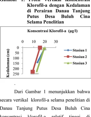 Gambar  1.  Profil  Vertikal  Konsentrasi  Klorofil-a  dengan  Kedalaman  di  Perairan  Danau  Tanjung  Putus  Desa  Buluh  Cina  Selama Penelitian 