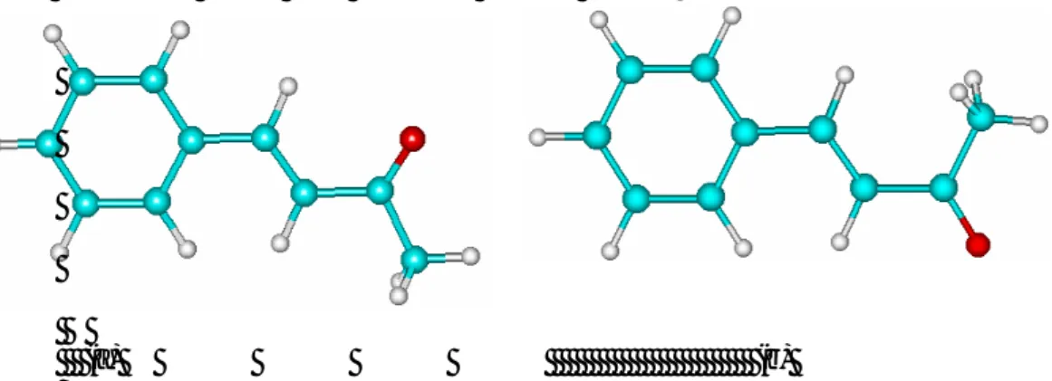 Gambar 3 Model senyawa benzalaseton dengan sudut dihedral C 1 ’, C 2 ’, C 3 ’, dan O (a) 0 o  dan  (b) 180 o 