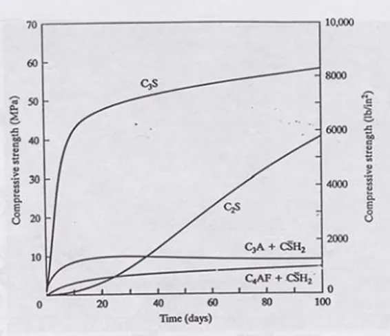 Grafik 2.1   Kenaikan kekuatan berbanding waktu empat komponen kimia semen  portland  