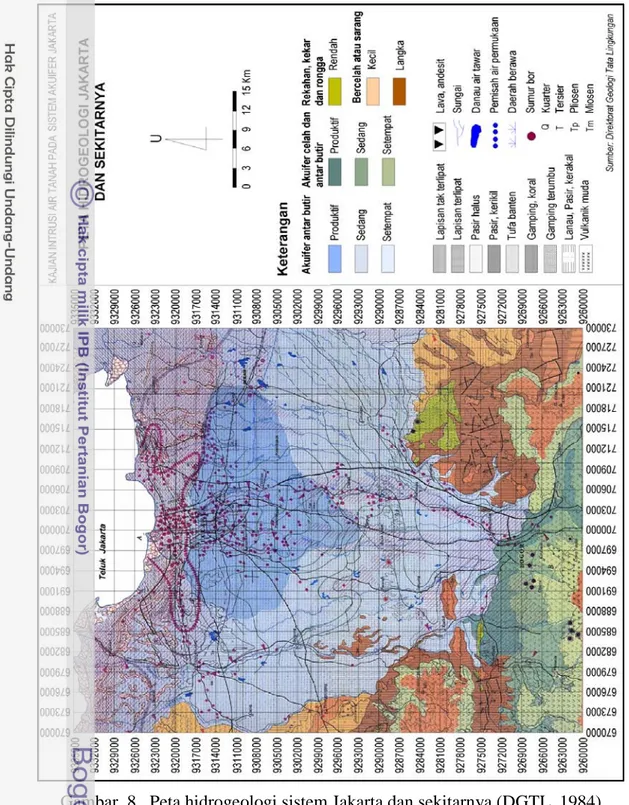 Gambar  8.  Peta hidrogeologi sistem Jakarta dan sekitarnya (DGTL, 1984) 