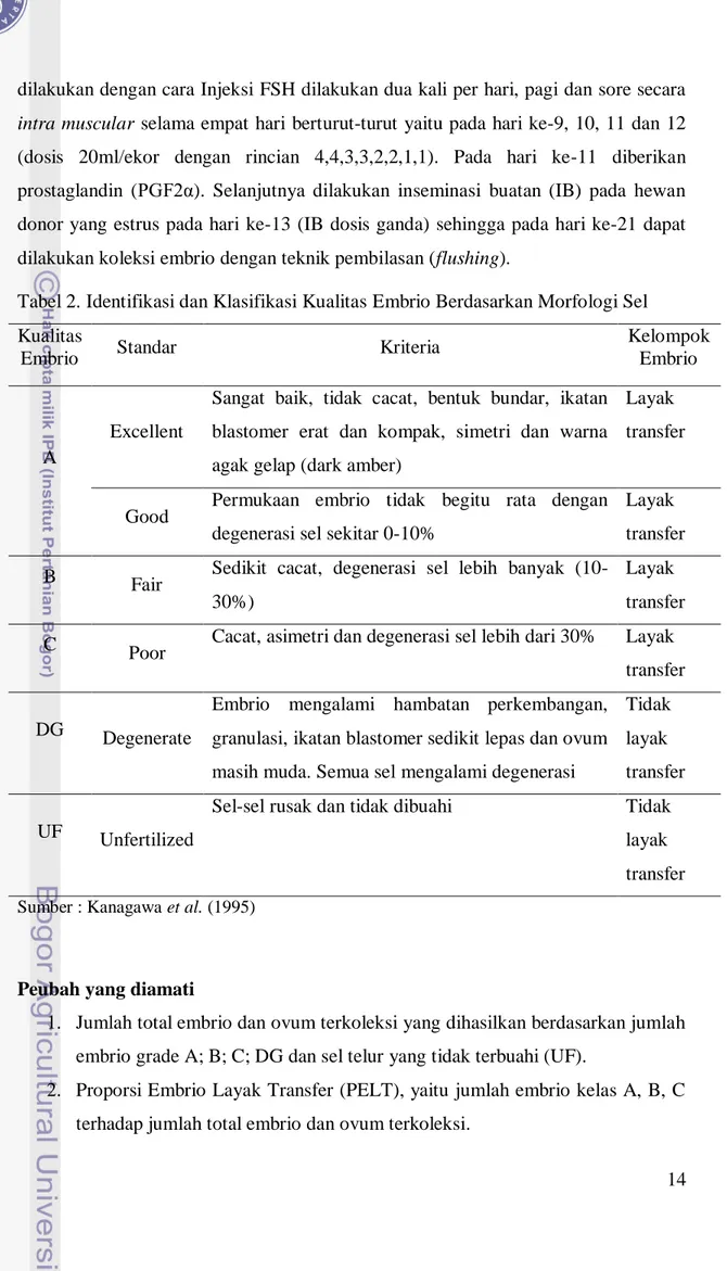 Tabel 2. Identifikasi dan Klasifikasi Kualitas Embrio Berdasarkan Morfologi Sel  Kualitas 