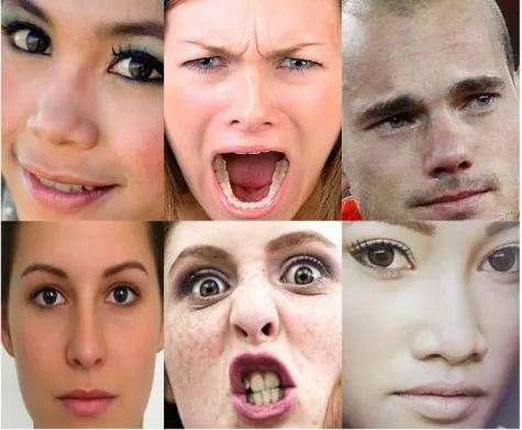 Gambar 10.2  Beberapa sampel citra ekspresi wajah, kiri atas – ekspresi senang,  tengah atas – ekspresi marah, kanan atas – ekspresi sedih, kiri bawah – 
