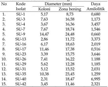 Tabel 1. Daya amilolitik isolat bakteri yang berhasil diisolasi  dari daerah Sentani dan Kemtukgresi