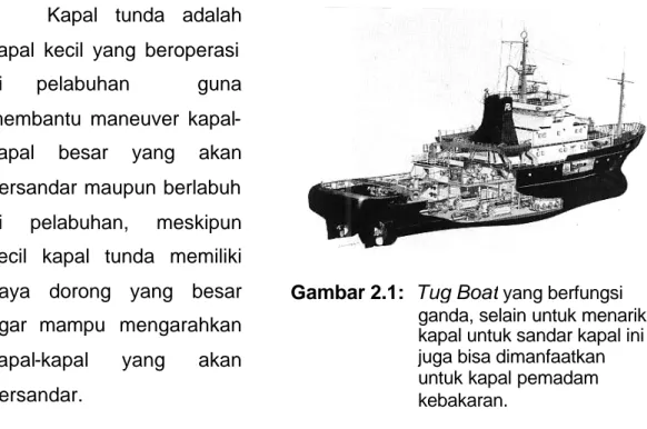 Gambar 2.1:  Tug Boat  yang berfungsi  ganda, selain untuk menarik  kapal untuk sandar kapal ini  juga bisa dimanfaatkan  untuk kapal pemadam  kebakaran