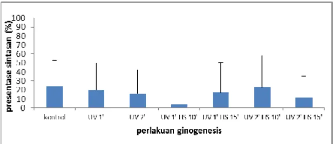 Gambar  4.  Rerata  (±  SD)  persentase  kelangsungan  hidup  benih  penelitian  ginogenesis  ikan  tawes  (Barbonymus  gonionotus  Blkr.)  menggunakan  iradiasi  UV  dan  kejut  temperatur panas 40 0 C