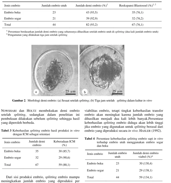 Tabel 2. Keberhasilan splitting embrio sapi in vitro didasarkan pada reekspansi blastosoel dengan menggunakan embrio segar dan  beku 