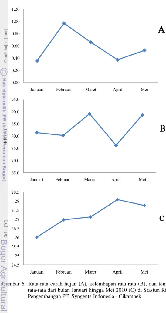 Gambar  6    Rata-rata  curah  hujan  (A),  kelembapan  rata-rata  (B),  dan  temperatur    rata-rata dari bulan Januari hingga Mei 2010 (C) di Stasiun Riset dan  Pengembangan PT