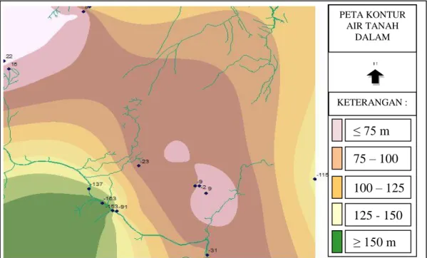 Gambar 2. Kedalaman dan pola penyebaran air tanah dalam. 