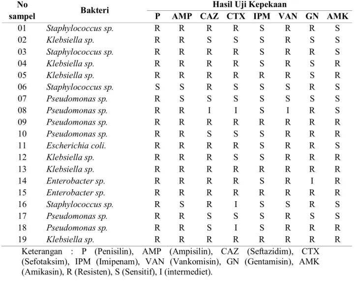 Tabel 2.    Hasil Uji Sensitivitas Terhadap Antibiotik Pada Bakteri Penyebab Sepsis  Neonatorum di Unit Perinatologi RSAM