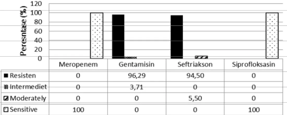 Gambar 1. Pola kepekaan antibiotik meropenem, gentamisin, seftriakson dan siprofloksasin terhadap bakteri  Klebsiella sp.