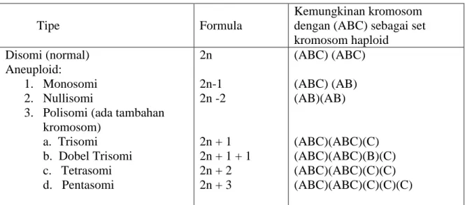 Tabel      Berbagai kemungkinan ragam dalam aneuploid           