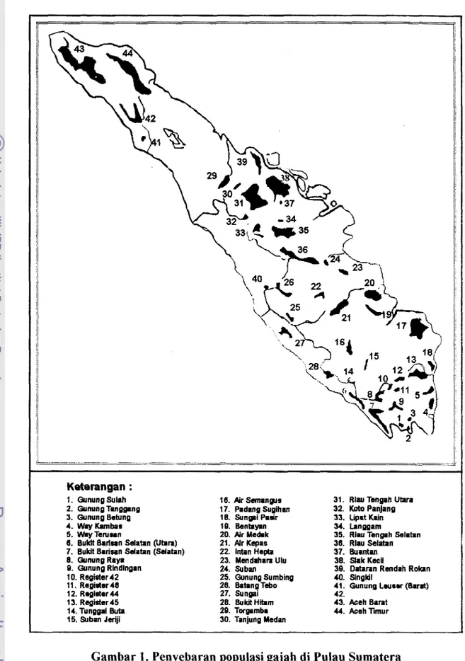 Gambar 1.  Penyebaran populasi gajah di Pulau Sumatera  Sumber  :  Santiapillai (1987) 