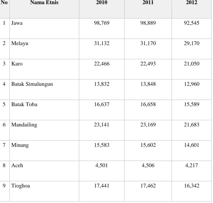 Tabel 2.2 : Perbandingan Etnis di Kota Binjai pada Tahun 2010, 2011, dan 2012. 