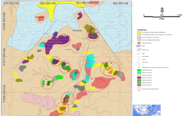 Gambar 5. Peta Komposit Geologi, alterasi, sebaran butir emas dan anomali geokimia conto tanah  Kecamatan Haharu, Kabupaten Sumba Timur, 