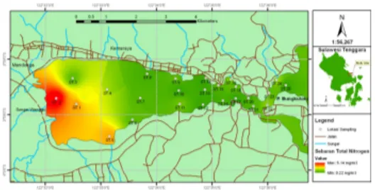Gambar 4 Peta sebaran total fosfat (mg/L) di perairan Teluk Kendari