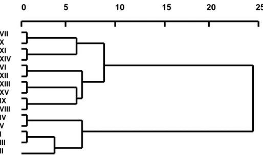 Gambar 2. Dendrogram ikan dari tiga lokasi berbeda. Keterangan: Sampel nomor I-V berasal dari danau, nomor VI-X berasal dari Kalisuci dan nomor XI-XV berasal dari telaga.
