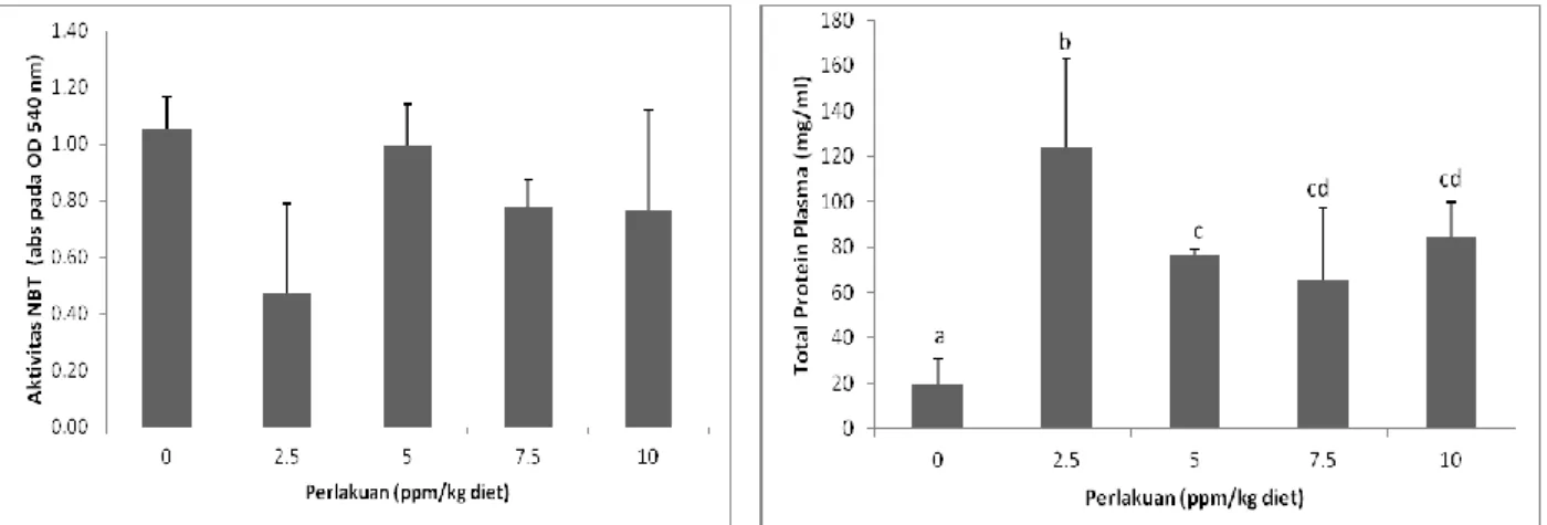 Gambar 3. Hasil Uji NBT darah ikan nila pada OD 540 nm  Gambar 4. Rataan total protein plasma sebagai Pengaruh ß- ß-glucan  