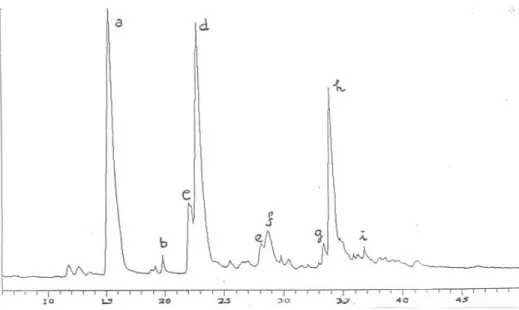 Gambar 1. Kromatogram minyak daun salam dari Sukabumi  Figure 1. Chromatogram of bay leaves oil from Sukabumi 