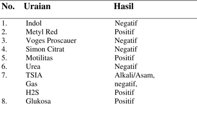 Tabel 1. Hasil Uji biokimia S. typhi Isolat Jawa  No.    Uraian                            Hasil 