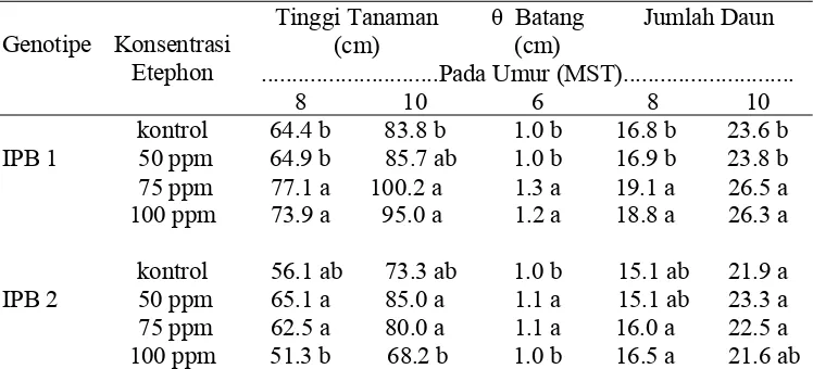 Tabel 3. Nilai Rata-rata  Pertambahan Tinggi Tanaman, Diameter Batang dan Jumlah Daun Pada Interaksi Genotipe Pepaya dan Konsentrasi Etephon  
