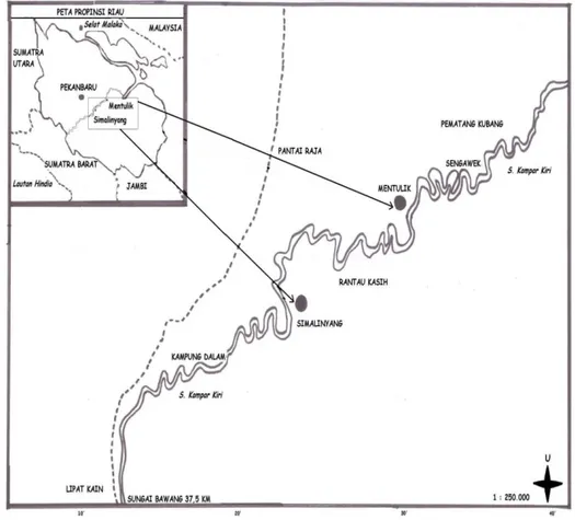 Gambar 3.  Lokasi penangkapan ikan motan di Simalinyang dan Mentulik                  (BAKOSURTANAL,1986 (telah digambar dan disadur ulang)) 