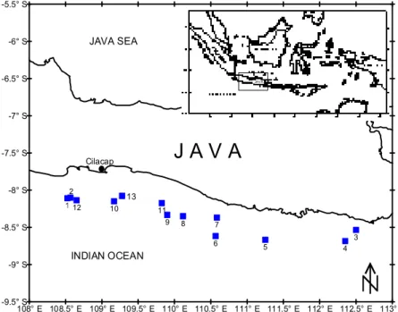 Gambar 1. Posisi stasiun trawl di perairan ZEEI Samudera Hindia sebelah Selatan Jawa    Figure 1