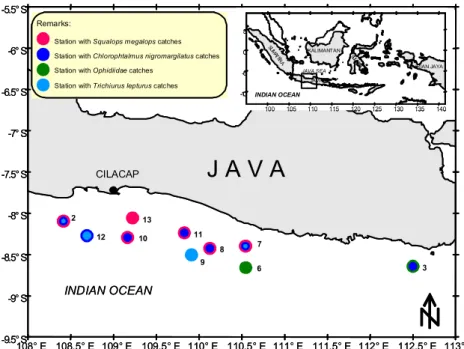 Gambar 3. Penyebaran ikan demersal laut dalam yang dominan di perairan ZEEI selatan  Jawa 