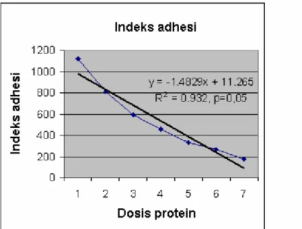 Gambar 5. Analisis regresi indeks adhesi P. mirabilis P355 pada sel  epitel  vesika   urinaria kelinci dengan menggunakan protein hemaglutinin  35,2 kDa 1