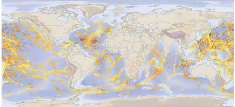 Gambar 8  Perkiraan distribusi gunung dan kedalaman puncaknya di bawah laut di seluruh dunia (Sumber: Kitcingman dan Lai 2004,  diacu dalam Clark et al