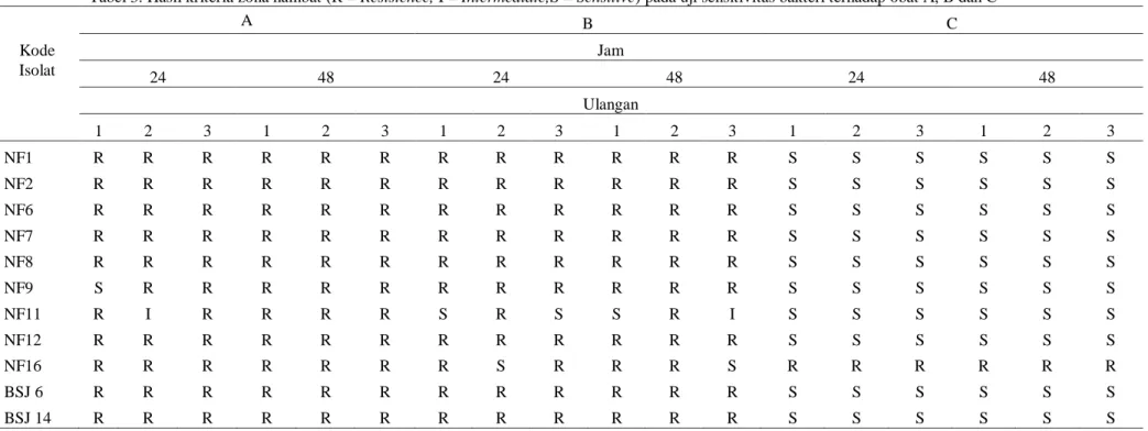 Tabel 3. Hasil kriteria zona hambat (R = Resistence, I = Intermediate,S = Sensitive) pada uji sensitivitas bakteri terhadap obat A, B dan C 