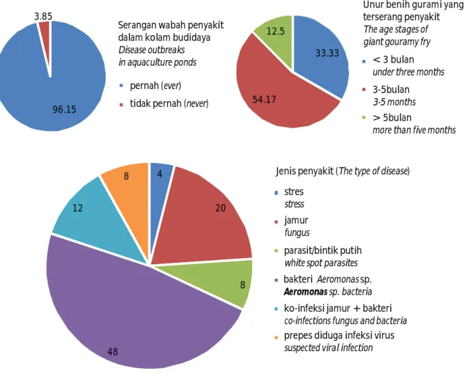 Gambar 2. Pola insidensi serangan wabah penyakit, jenis penyakit, dan ukuran ikan gurami yang terserang penyakit