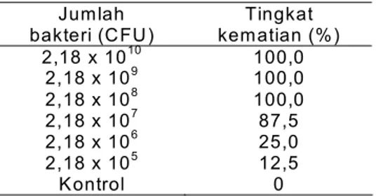 Tabel 1. Mortalitas lele dumbo (5) yang diinfeksi A. hydrophila pada saat uji penentuan LD 50