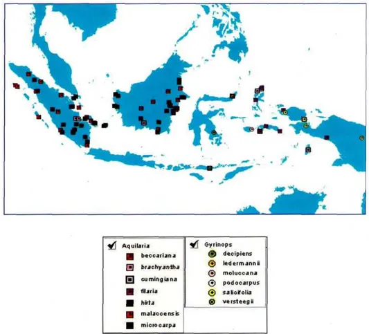 Gambar 2. Distribusi lokasi pengumpulan koleksi dan data jenis-jenis gaharu di Indonesia berdasarkan data koleksi herbarium Herbarium Bogoriense
