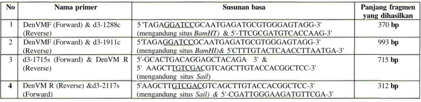 Tabel 1. Enam macam primer DNA yang didesain dan berhasil mengamplifikasi fragmen gen pengkode protein selubung dari virus dengue strain CH53489