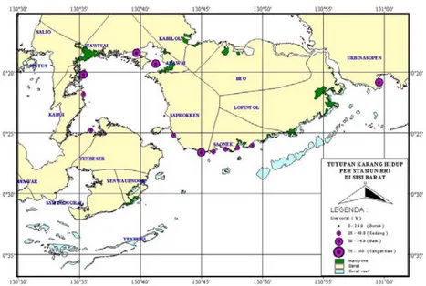 Gambar 4a.   K ondisi teru mbu karang berdasarkan persentase  tutupan karang hidup di masing- masing stasiun  RRI di sisi barat Pulau Waigeo bagian selatan,   Kabupaten Raja A mpat