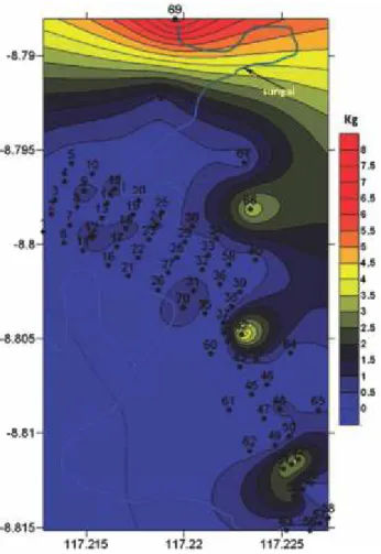 Gambar 5. Distribusi  spasial  nilai  indeks  kerentanan  seismik (Kg) di daerah penelitian.